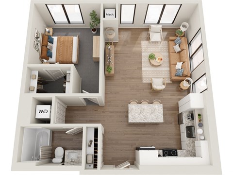 Floor plan for 1 bed, 1 bath, 734 sqft
